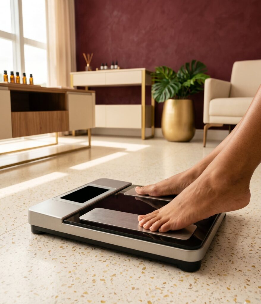 Paciente em avaliação de composição corporal na Clínica NUTRISTAR