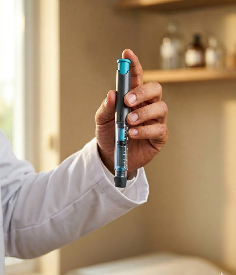 Mão de médico segurando caneta GLP-1 em ambiente clínico