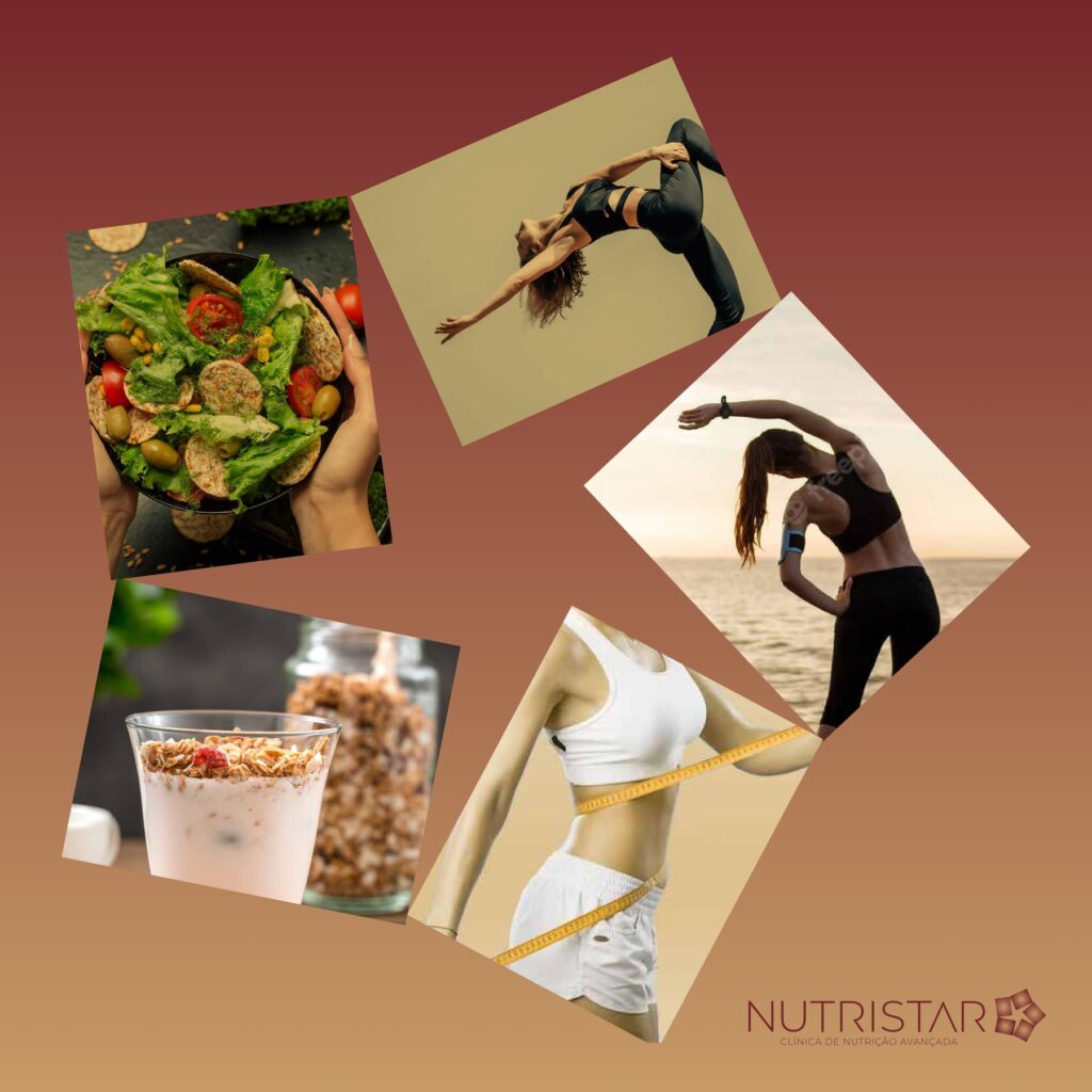 Composição com imagens de alimentação saudável e exercícios - Clínica Nutristar